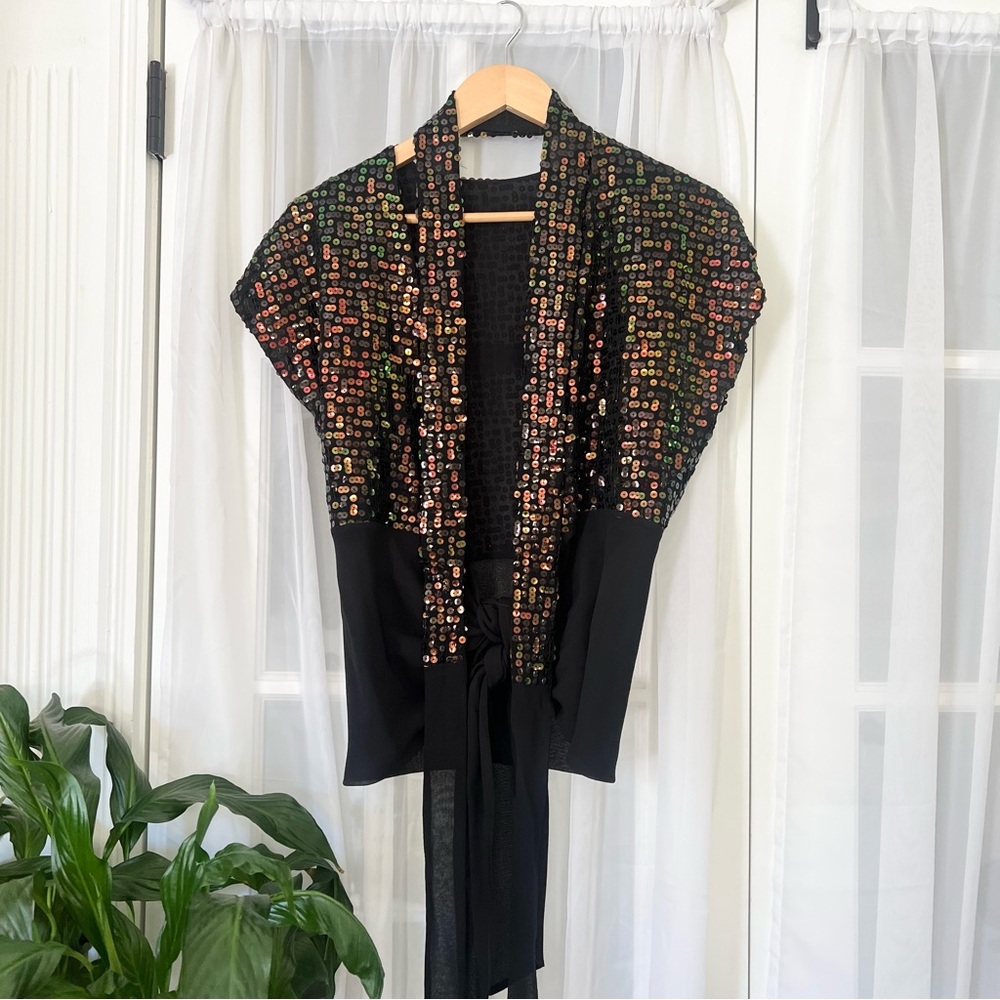 Vintage Y2K Peter Cohen Silk Blend Sequin Tie Neck / Belted Cardigan Top Sz S